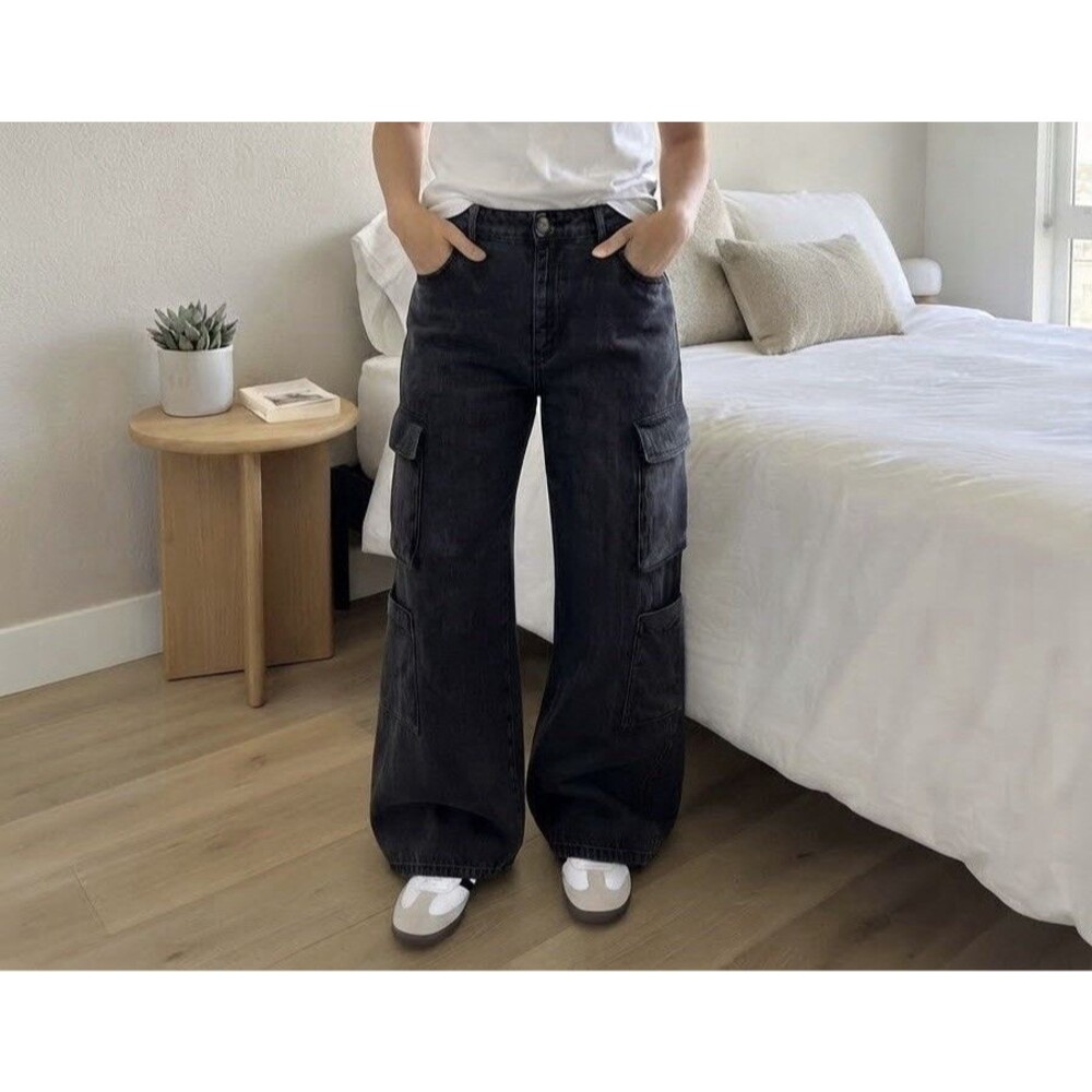 Cotton On Women's High Rise Wide Leg Cargo Jeans Charcoal Wash Black Size 12